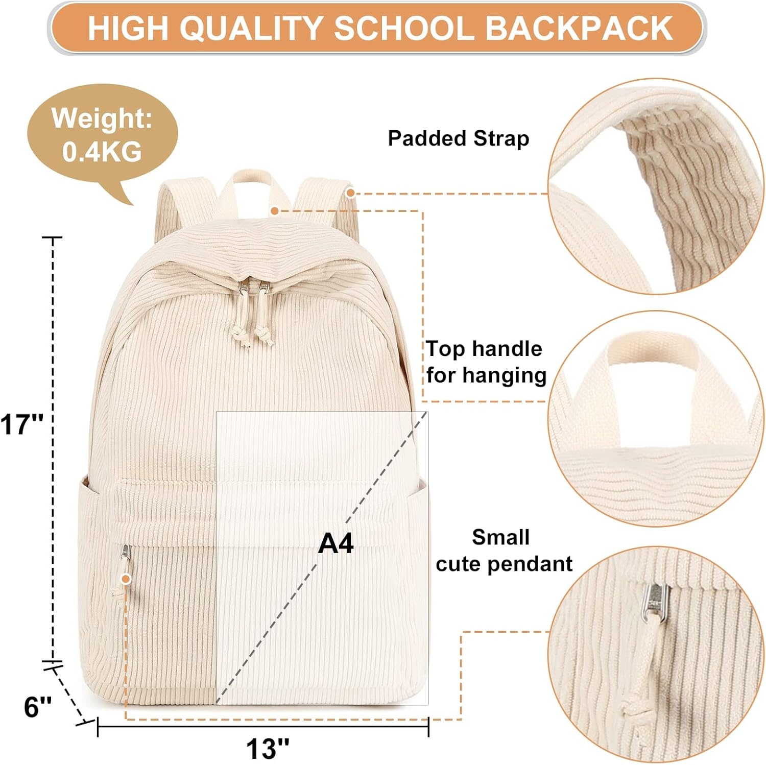 image:imageBTOOP School Backpacks for Teen Girls Bookbags Lightweight Kids Backpack School Bags Set with Lunch Box Pencil CaseCorduroy Beige