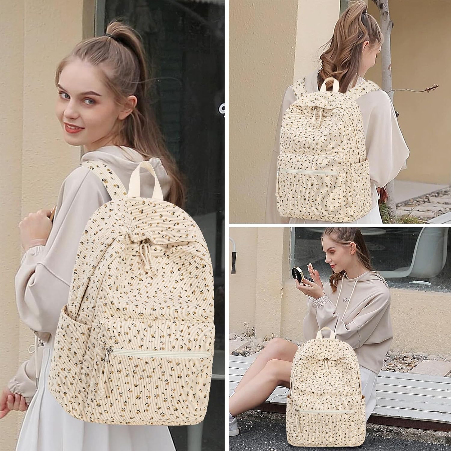 image:imageBTOOP School Backpacks for Teen Girls Bookbags Lightweight Kids Backpack School Bags Set with Lunch Box Pencil CaseCorduroy Floral Beige