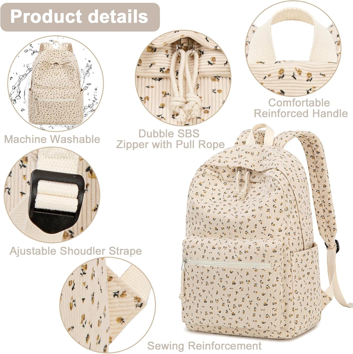 image:imageBTOOP School Backpacks for Teen Girls Bookbags Lightweight Kids Backpack School Bags Set with Lunch Box Pencil CaseCorduroy Floral Beige