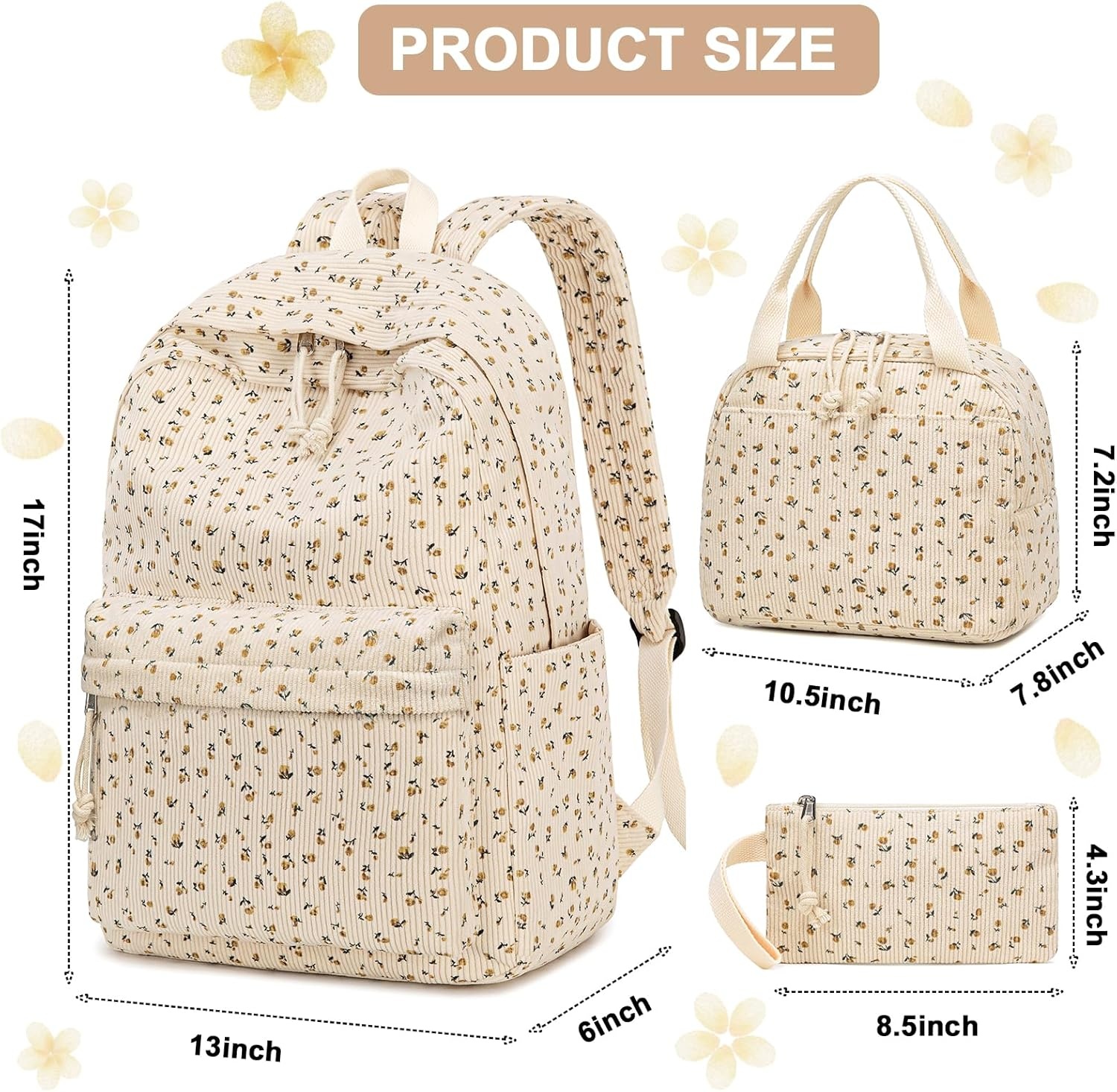 image:imageBTOOP School Backpacks for Teen Girls Bookbags Lightweight Kids Backpack School Bags Set with Lunch Box Pencil CaseCorduroy Floral Beige