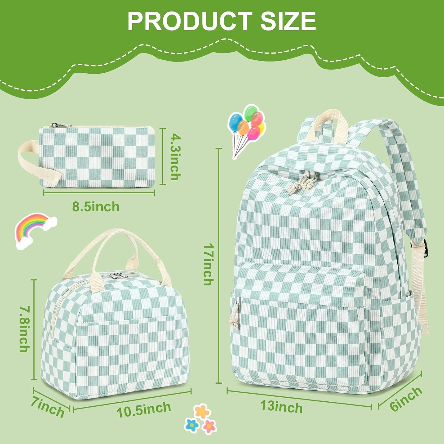 image:imageBTOOP School Backpacks for Teen Girls Bookbags Lightweight Kids Backpack School Bags Set with Lunch Box Pencil CaseGreenwhite Checkered
