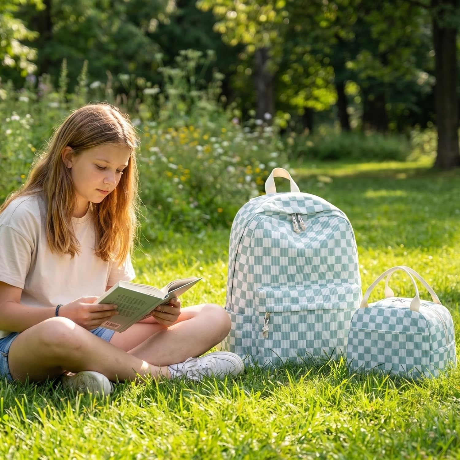 image:imageBTOOP School Backpacks for Teen Girls Bookbags Lightweight Kids Backpack School Bags Set with Lunch Box Pencil CaseGreenwhite Checkered