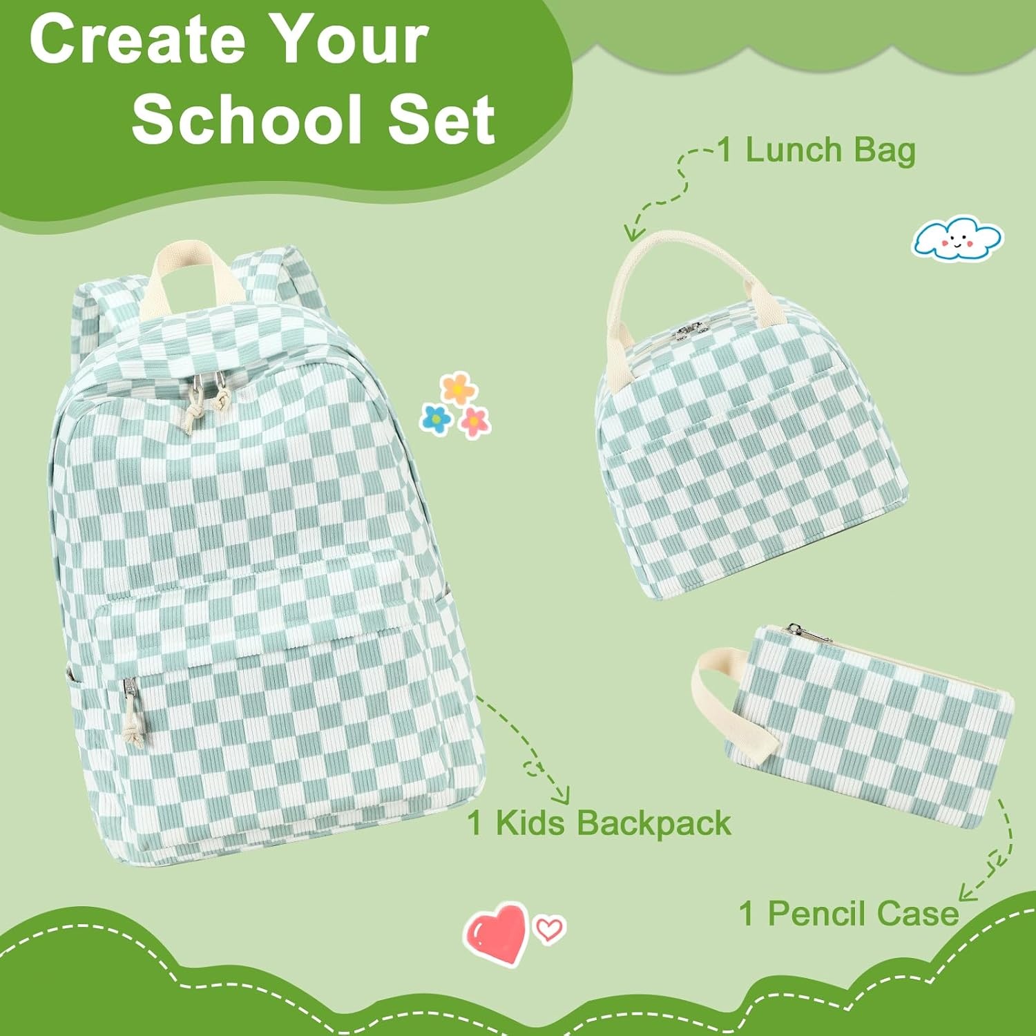 image:imageBTOOP School Backpacks for Teen Girls Bookbags Lightweight Kids Backpack School Bags Set with Lunch Box Pencil CaseGreenwhite Checkered