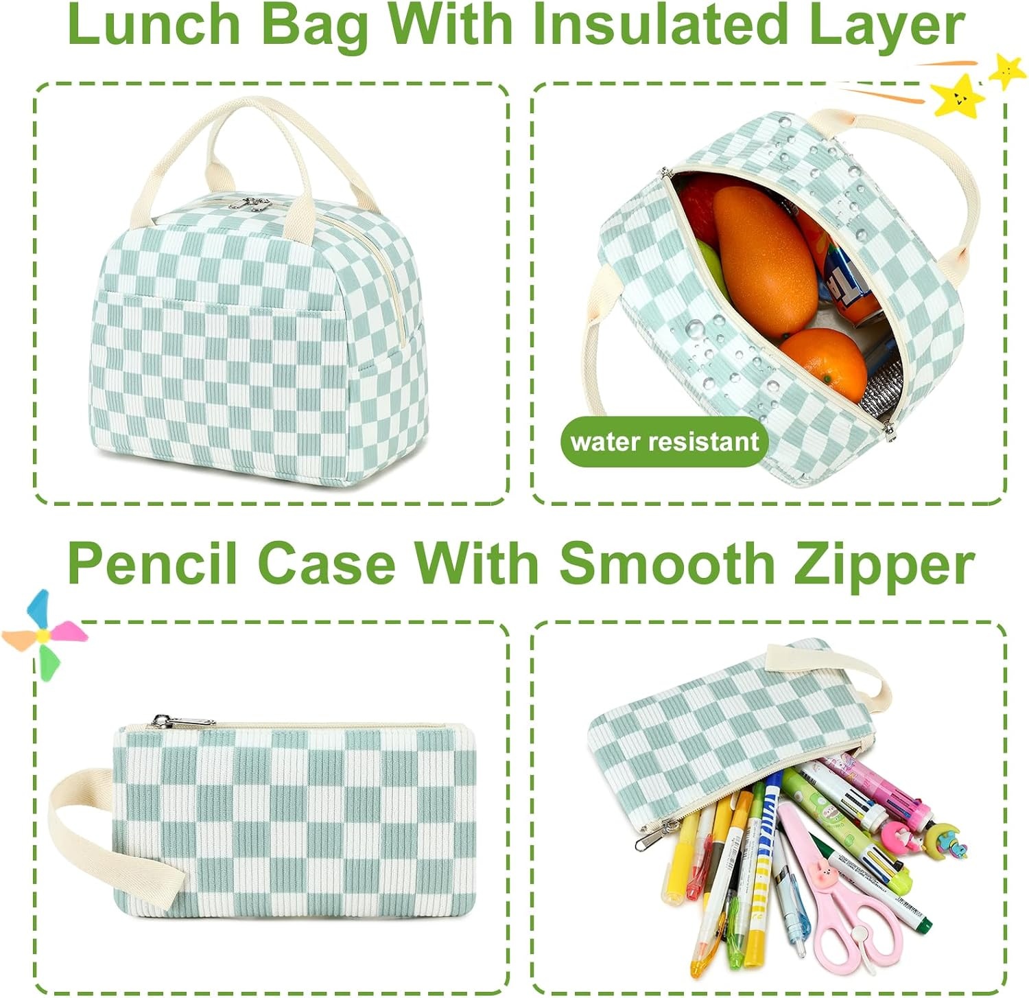 image:imageBTOOP School Backpacks for Teen Girls Bookbags Lightweight Kids Backpack School Bags Set with Lunch Box Pencil CaseGreenwhite Checkered