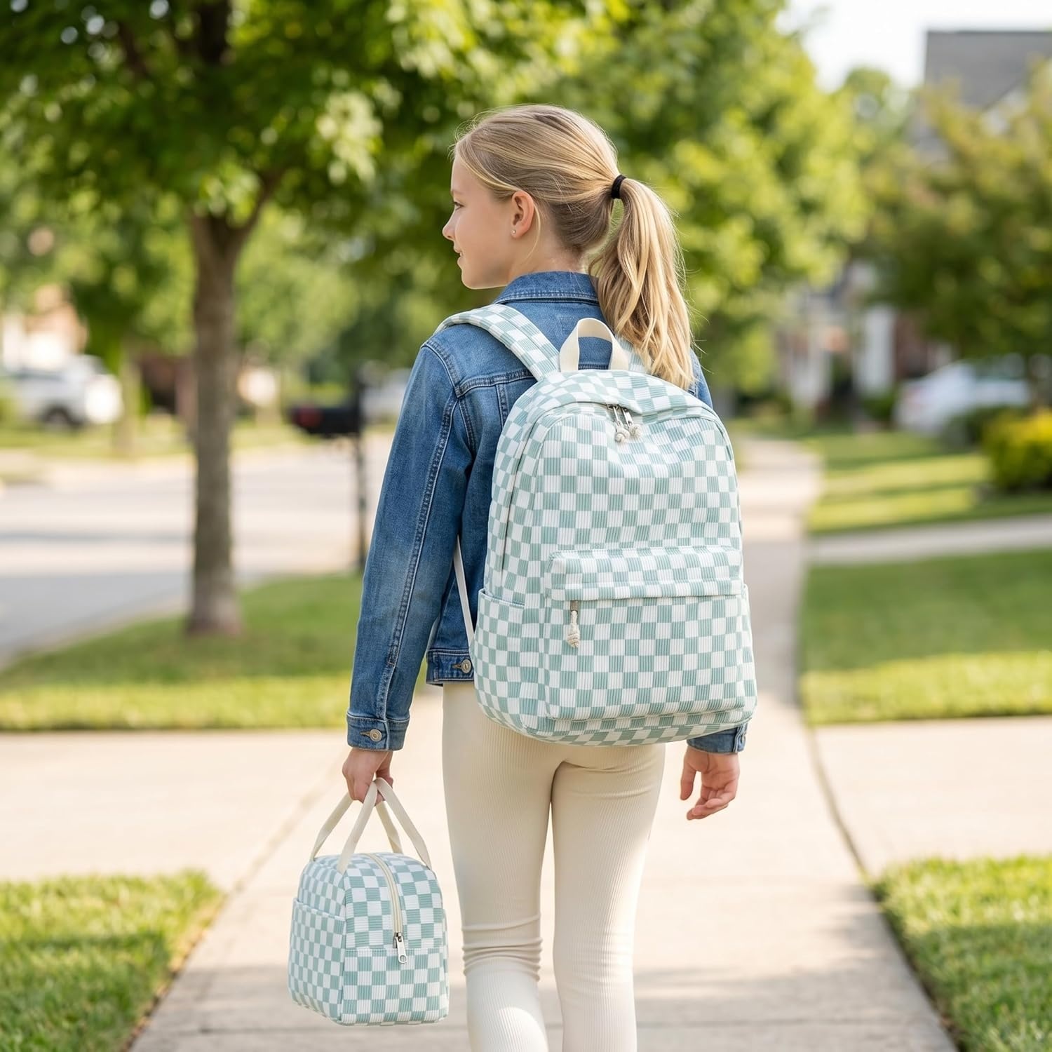 image:imageBTOOP School Backpacks for Teen Girls Bookbags Lightweight Kids Backpack School Bags Set with Lunch Box Pencil CaseGreenwhite Checkered