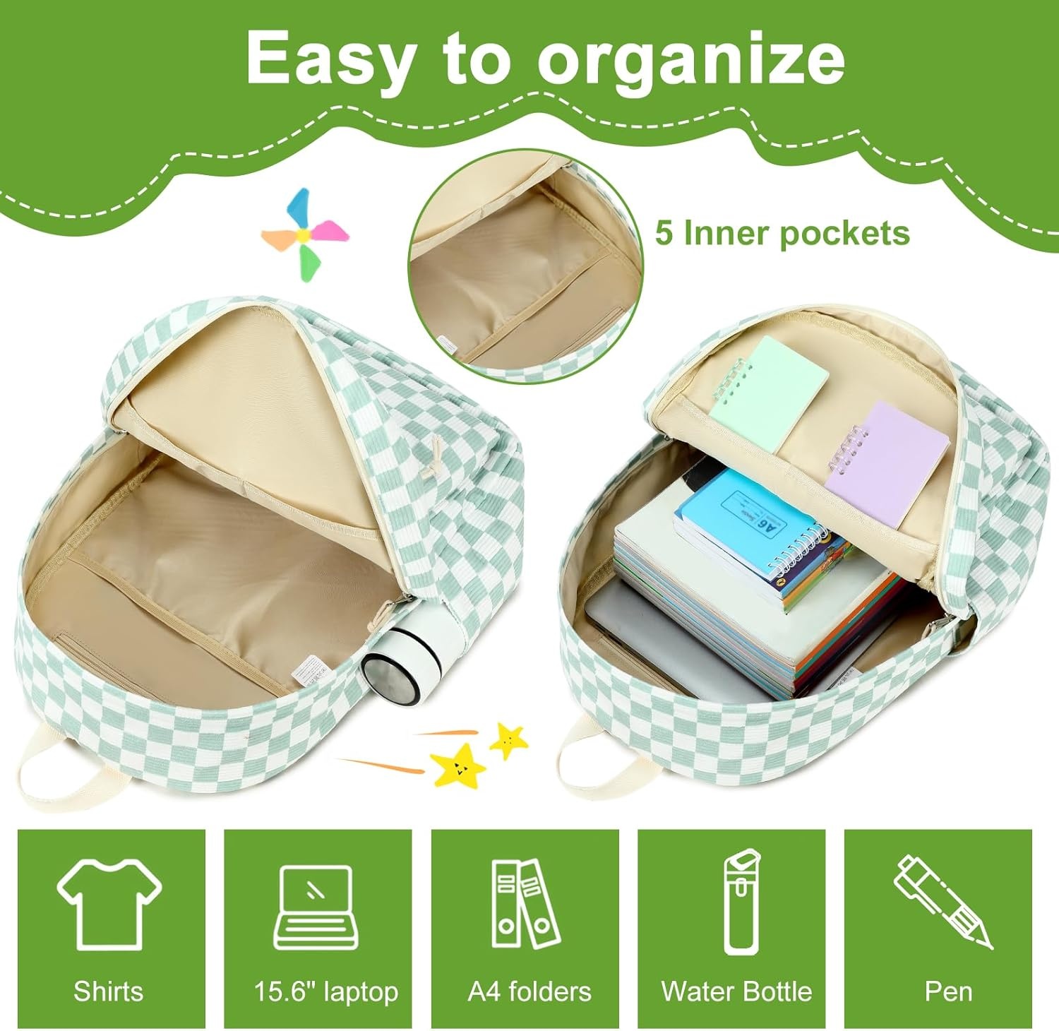 image:imageBTOOP School Backpacks for Teen Girls Bookbags Lightweight Kids Backpack School Bags Set with Lunch Box Pencil CaseGreenwhite Checkered