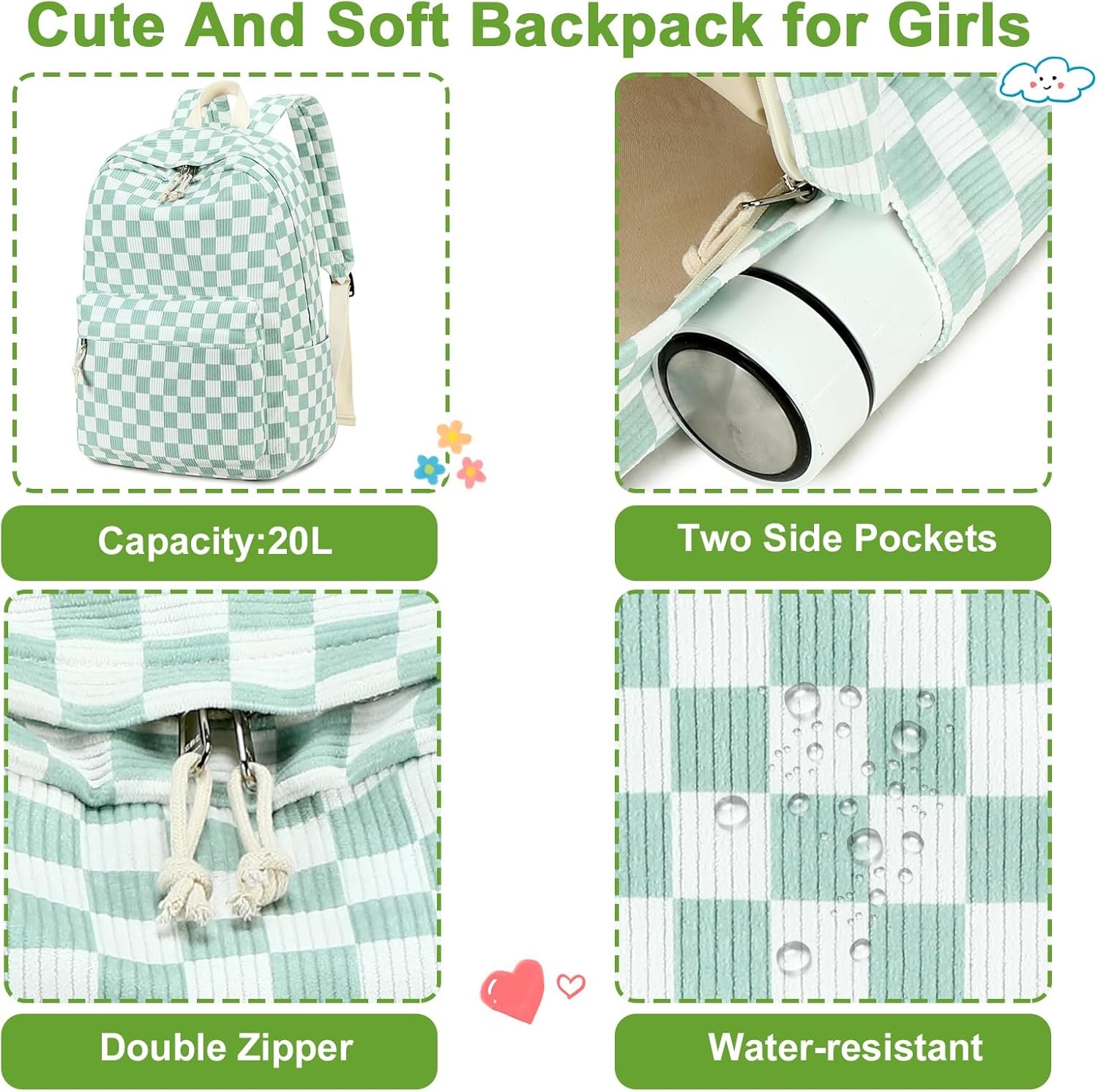 image:imageBTOOP School Backpacks for Teen Girls Bookbags Lightweight Kids Backpack School Bags Set with Lunch Box Pencil CaseGreenwhite Checkered