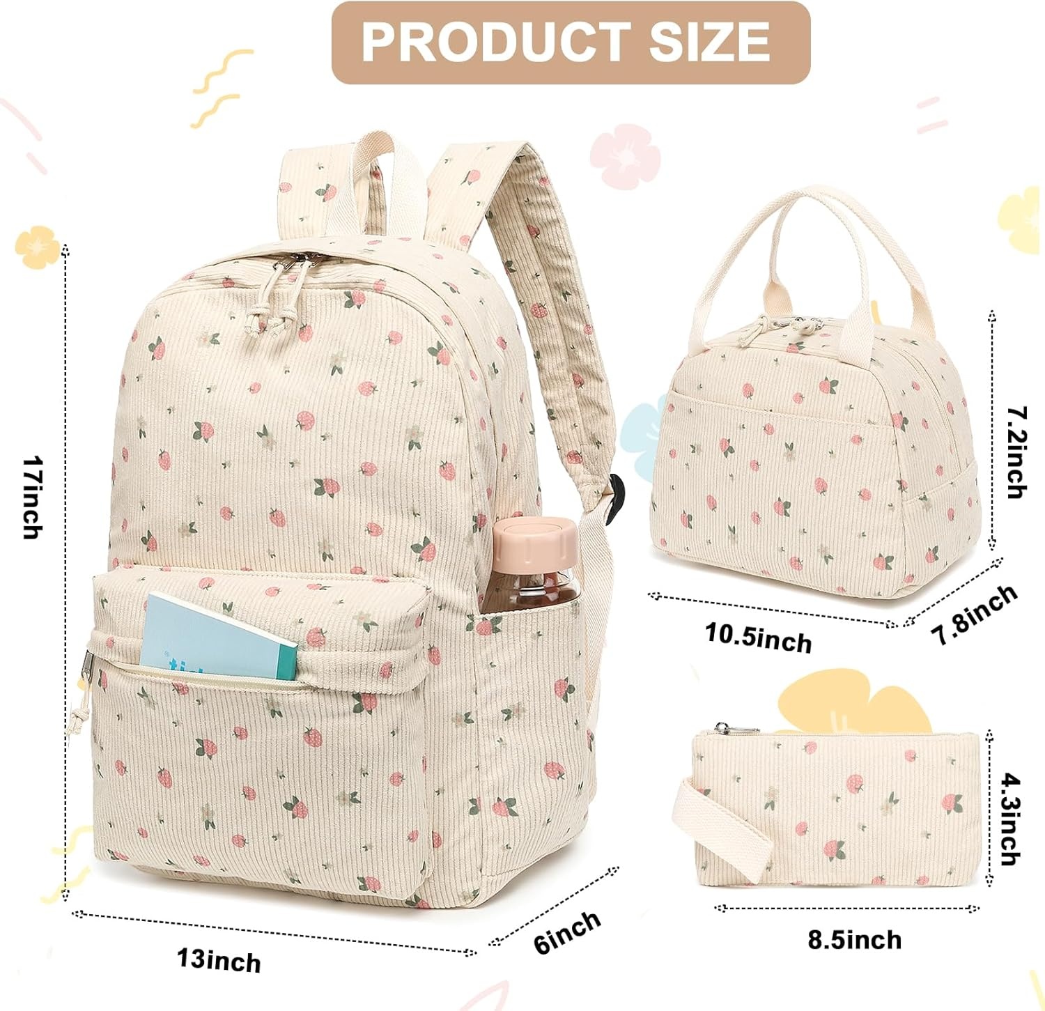 image:imageBTOOP School Backpacks for Teen Girls Bookbags Lightweight Kids Backpack School Bags Set with Lunch Box Pencil CaseStrawberry Beige