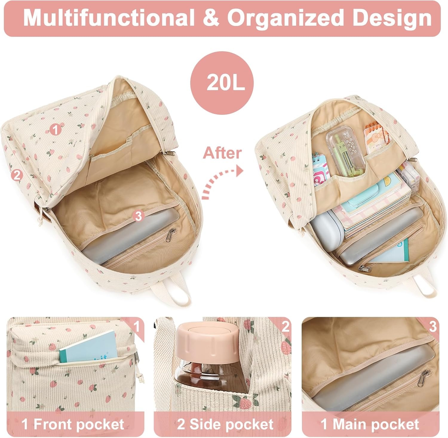 image:imageBTOOP School Backpacks for Teen Girls Bookbags Lightweight Kids Backpack School Bags Set with Lunch Box Pencil CaseStrawberry Beige