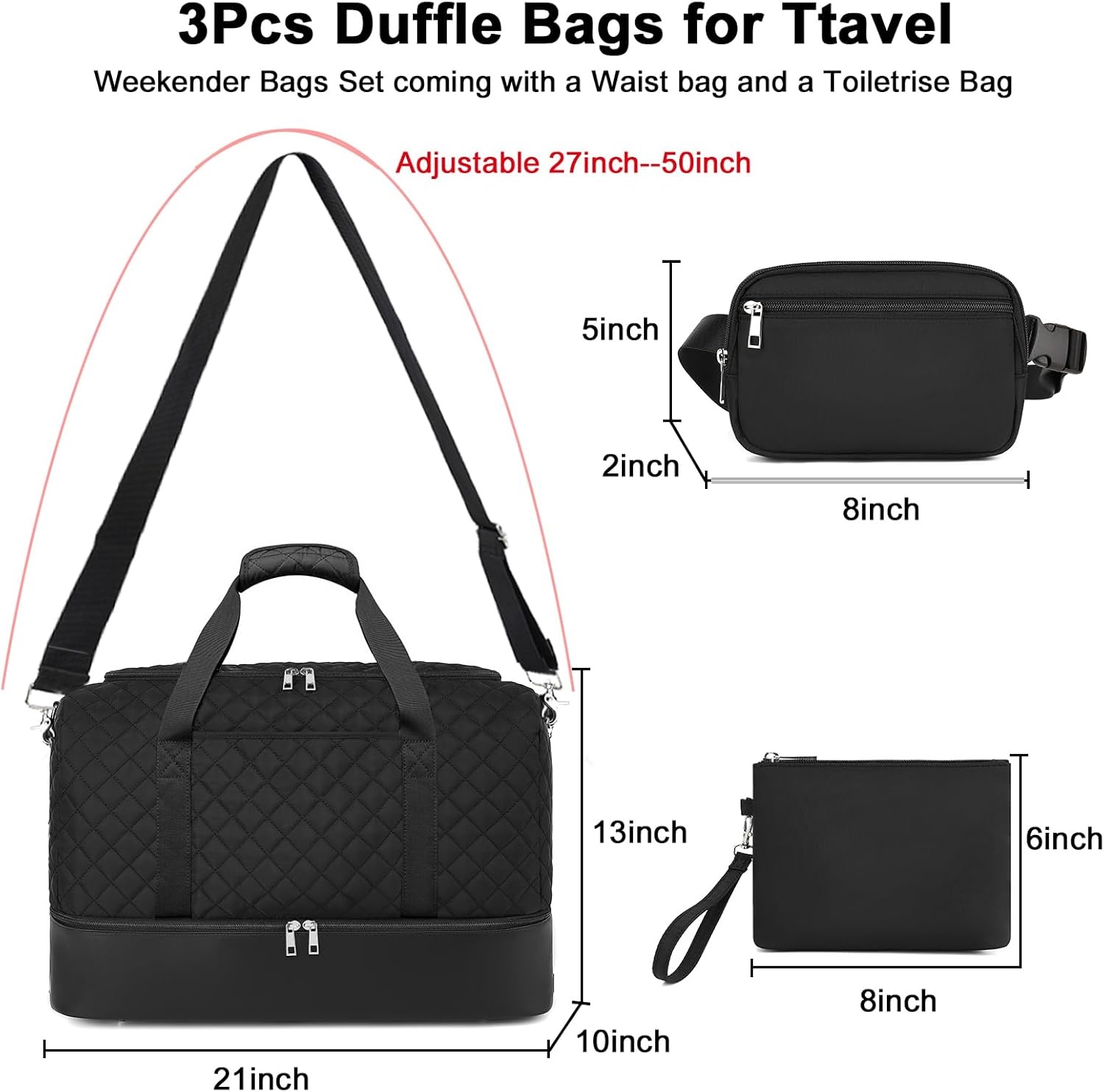 image:imageBTOOP Travel Weekender Bag Duffle Carry On Bags Set 42L Duffel Overnight Tote with Shoe Compartment 3Pcs for Women Men Gym Airplane Trip with Fanny Pack amp Makeup BagBlack Quilted