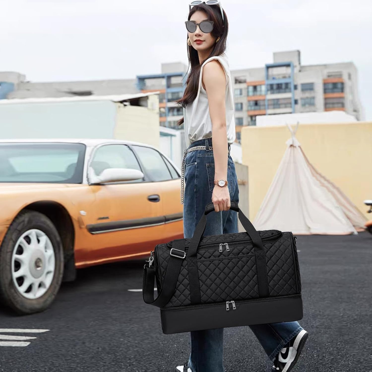 image:imageBTOOP Travel Weekender Bag Duffle Carry On Bags Set 42L Duffel Overnight Tote with Shoe Compartment 3Pcs for Women Men Gym Airplane Trip with Fanny Pack amp Makeup BagBlack Quilted