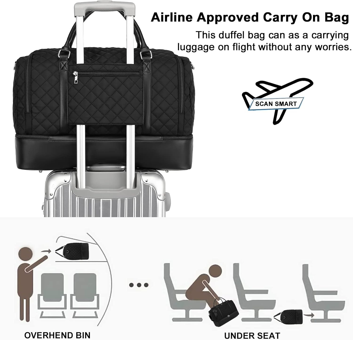 image:imageBTOOP Travel Weekender Bag Duffle Carry On Bags Set 42L Duffel Overnight Tote with Shoe Compartment 3Pcs for Women Men Gym Airplane Trip with Fanny Pack amp Makeup BagBlack Quilted
