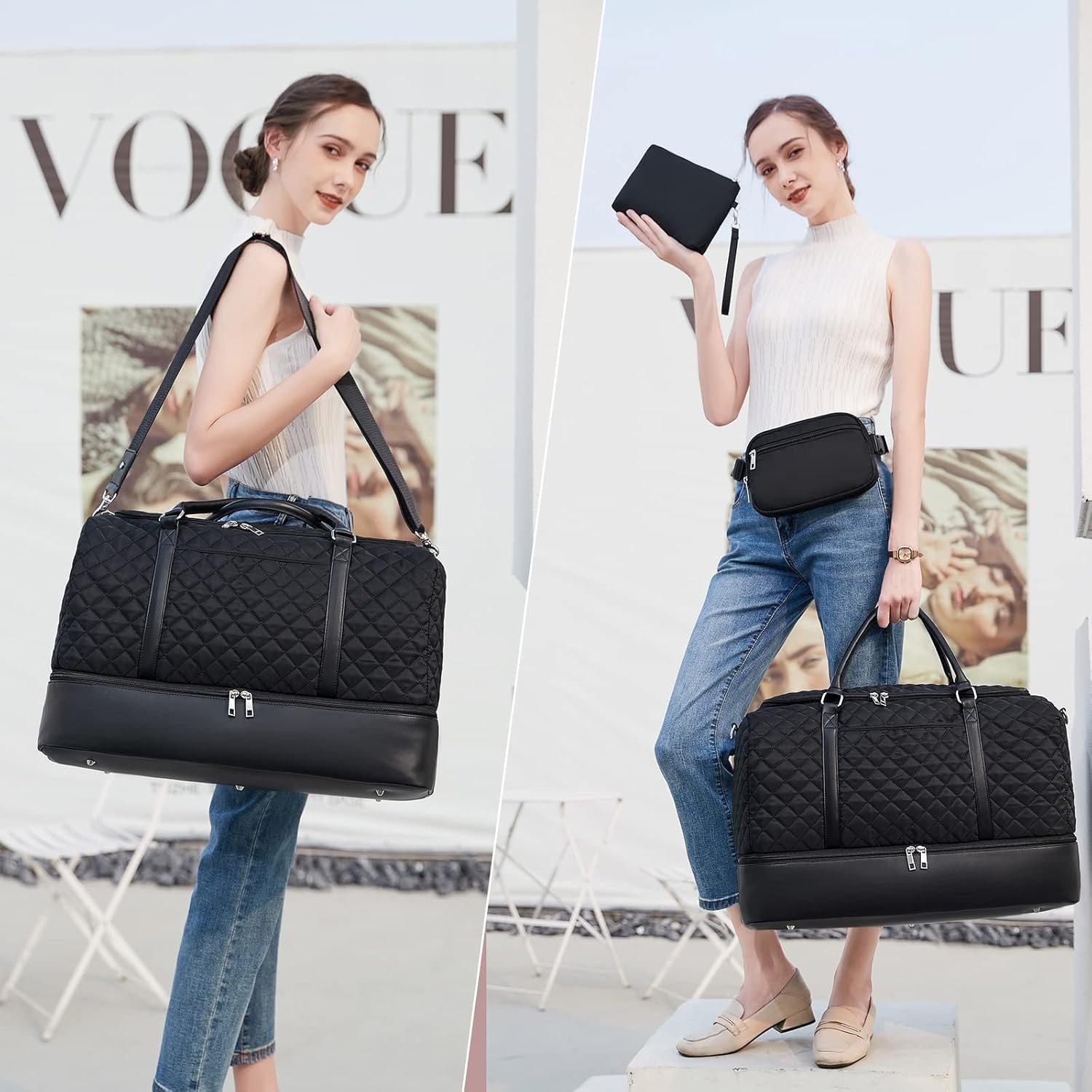 image:imageBTOOP Travel Weekender Bag Duffle Carry On Bags Set 42L Duffel Overnight Tote with Shoe Compartment 3Pcs for Women Men Gym Airplane Trip with Fanny Pack amp Makeup BagBlack Quilted