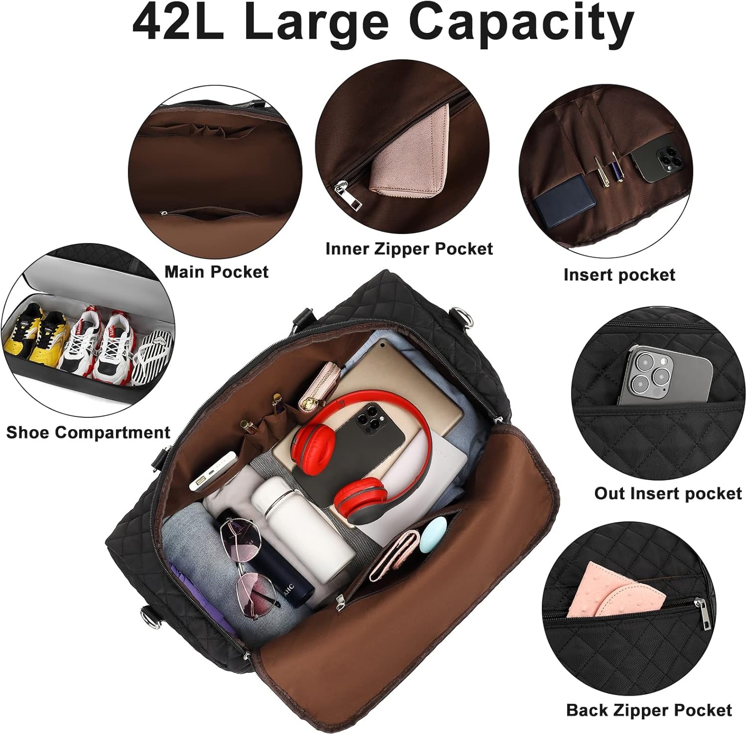 image:imageBTOOP Travel Weekender Bag Duffle Carry On Bags Set 42L Duffel Overnight Tote with Shoe Compartment 3Pcs for Women Men Gym Airplane Trip with Fanny Pack amp Makeup BagBlack Quilted