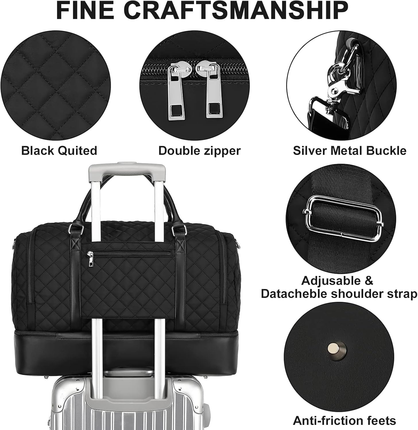 image:imageBTOOP Travel Weekender Bag Duffle Carry On Bags Set 42L Duffel Overnight Tote with Shoe Compartment 3Pcs for Women Men Gym Airplane Trip with Fanny Pack amp Makeup BagBlack Quilted