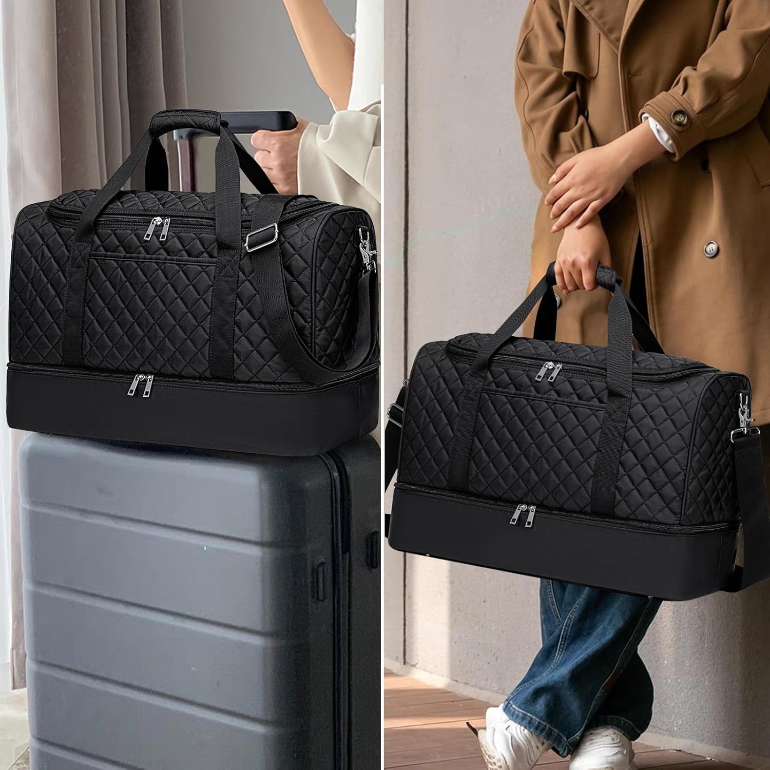 image:imageBTOOP Travel Weekender Bag Duffle Carry On Bags Set 42L Duffel Overnight Tote with Shoe Compartment 3Pcs for Women Men Gym Airplane Trip with Fanny Pack amp Makeup BagBlack Quilted