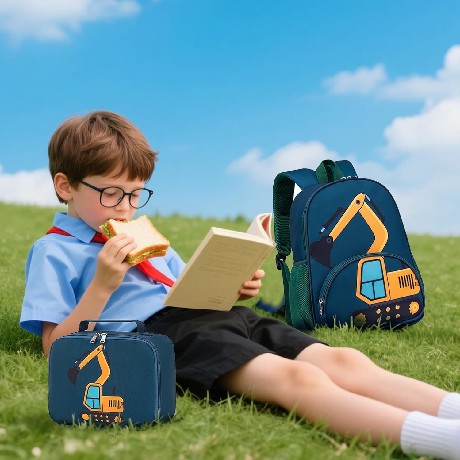 image:imageBackpack for Kids Boys Girls Preschool Kindergarten Bookbag Set with Lunch Box Toddler School BagAExcavator Constructi 2