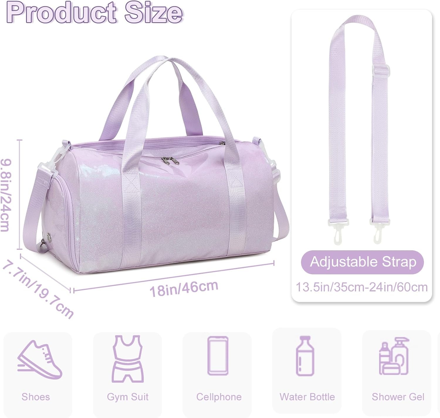 image:imageDuffle Bag for Girls Kids Overnight Bags Cute Strawberry Cherry Dance Sports Bag Travel Tote with Shoe Compartment and Wet PocketPurple