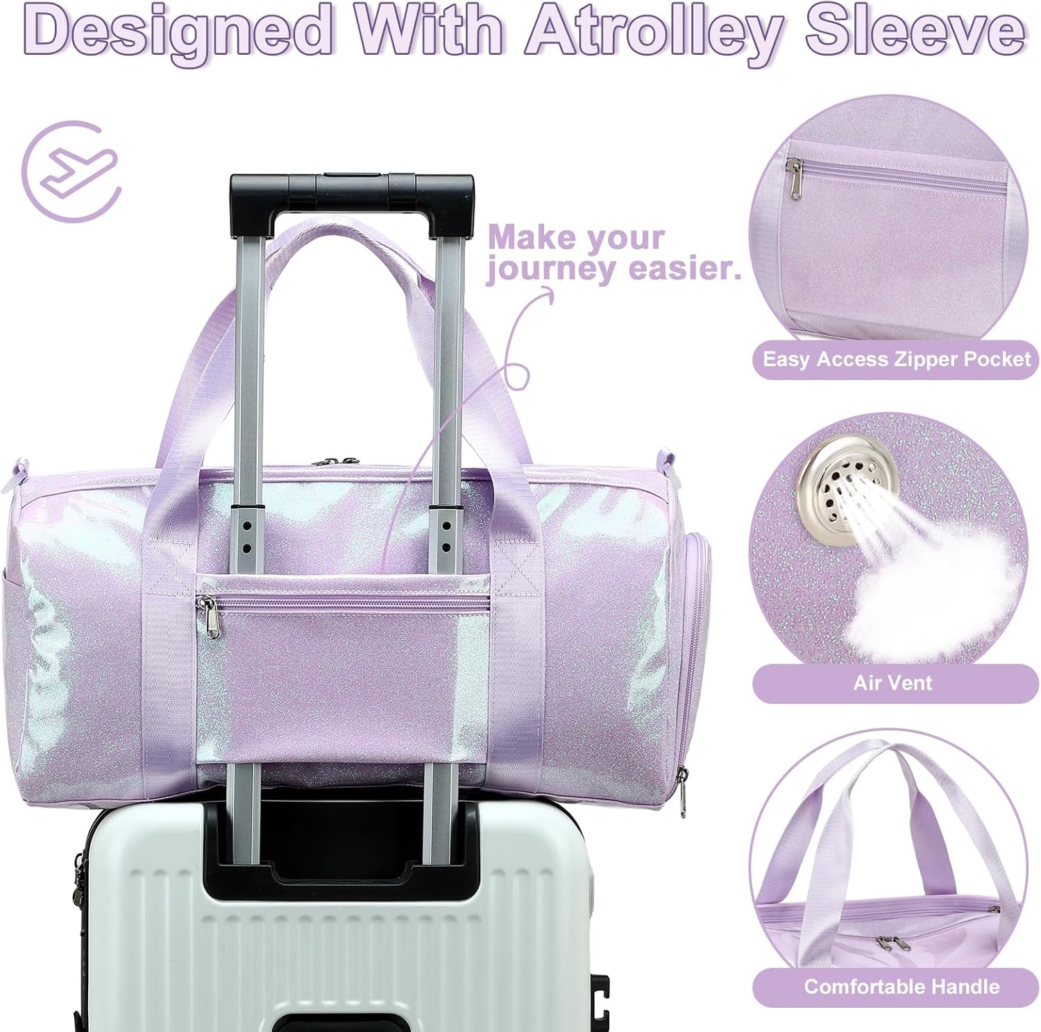 image:imageDuffle Bag for Girls Kids Overnight Bags Cute Strawberry Cherry Dance Sports Bag Travel Tote with Shoe Compartment and Wet PocketPurple