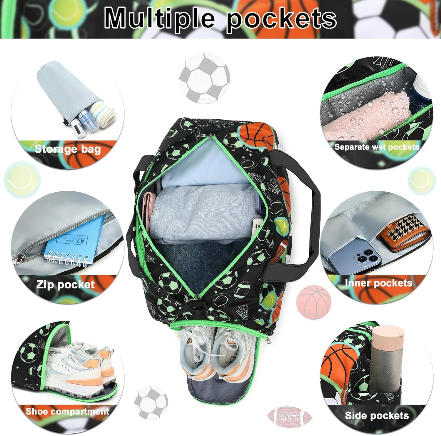 image:imageDuffle Bag for Girls Kids Overnight Bags Cute Strawberry Cherry Dance Sports Bag Travel Tote with Shoe Compartment and Wet PocketSoccerSports Ball