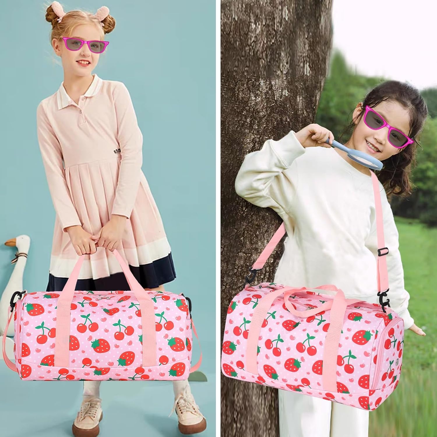 image:imageDuffle Bag for Girls Kids Overnight Bags Cute Strawberry Cherry Dance Sports Bag Travel Tote with Shoe Compartment and Wet PocketStrawberry CherryPink