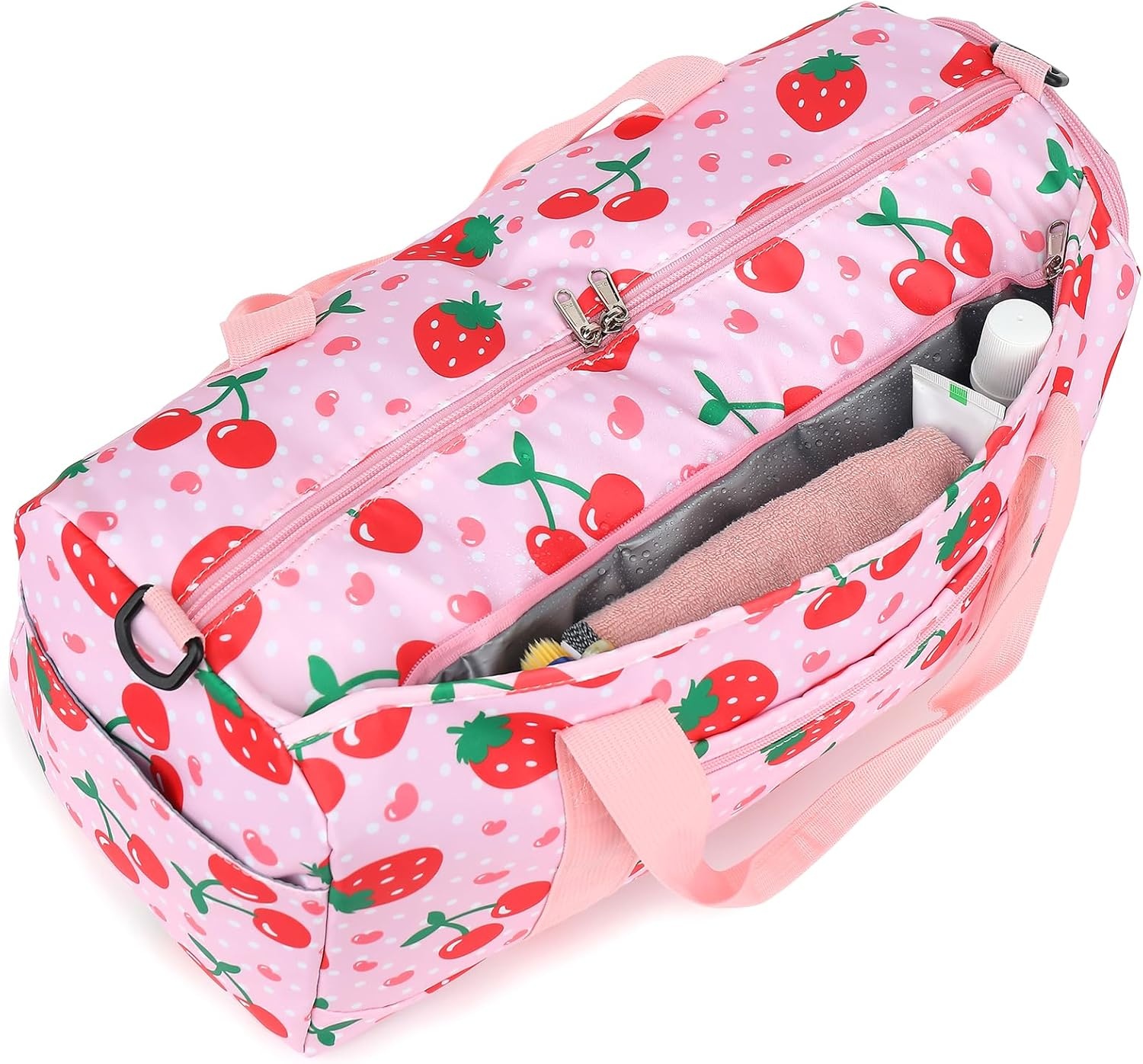 image:imageDuffle Bag for Girls Kids Overnight Bags Cute Strawberry Cherry Dance Sports Bag Travel Tote with Shoe Compartment and Wet PocketStrawberry CherryPink