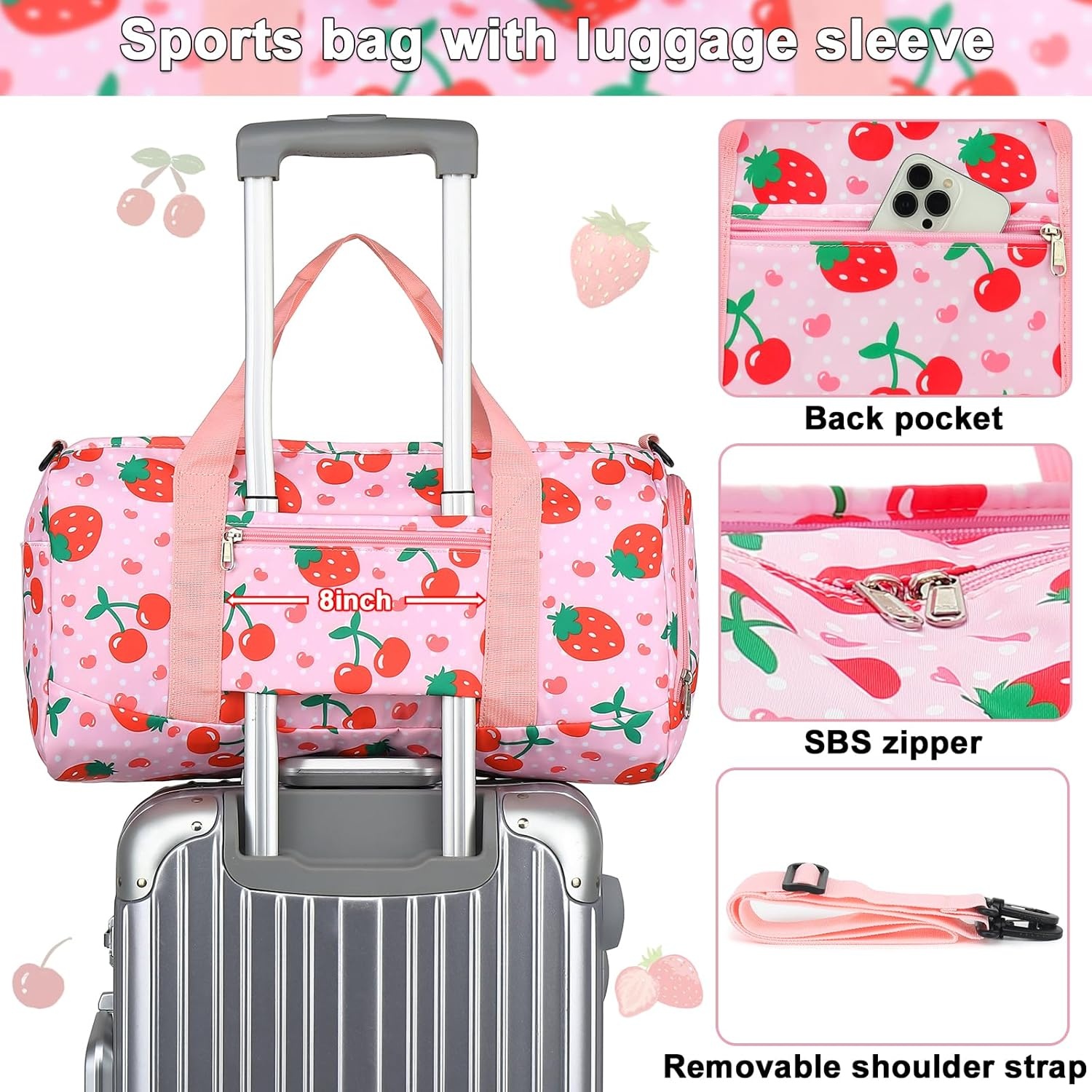 image:imageDuffle Bag for Girls Kids Overnight Bags Cute Strawberry Cherry Dance Sports Bag Travel Tote with Shoe Compartment and Wet PocketStrawberry CherryPink