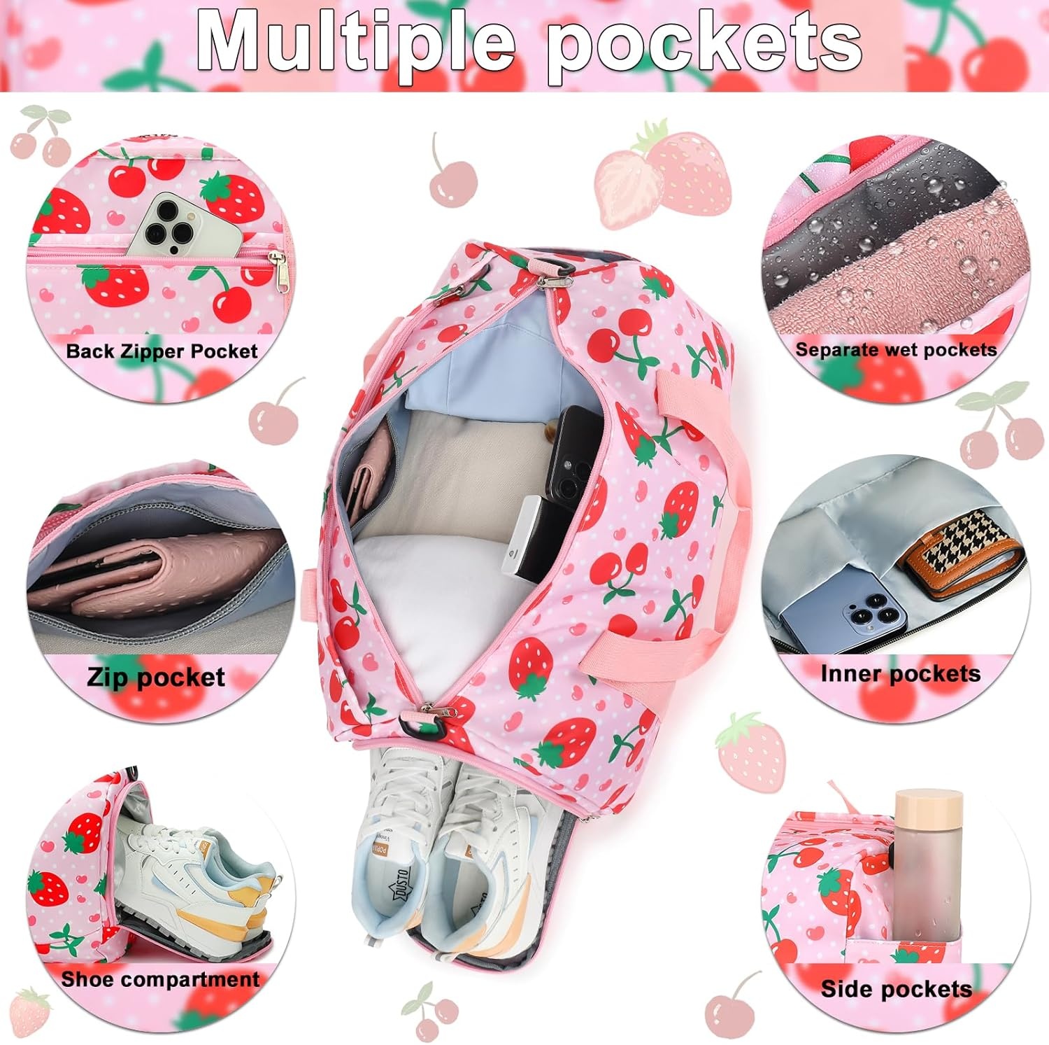 image:imageDuffle Bag for Girls Kids Overnight Bags Cute Strawberry Cherry Dance Sports Bag Travel Tote with Shoe Compartment and Wet PocketStrawberry CherryPink