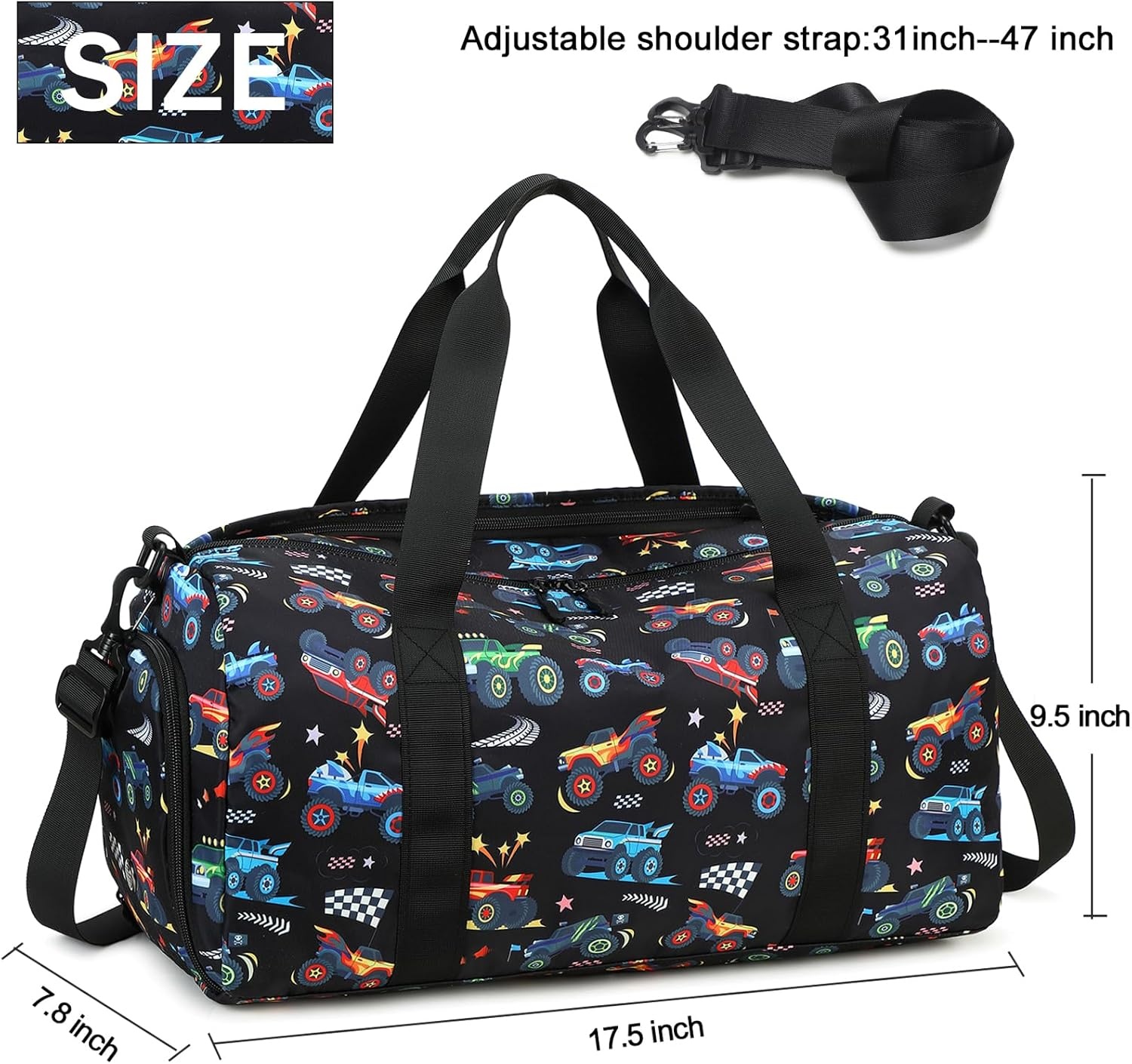 image:imageDuffle Bag for Girls Kids Overnight Bags Cute Strawberry Cherry Dance Sports Bag Travel Tote with Shoe Compartment and Wet PocketTruckBlack