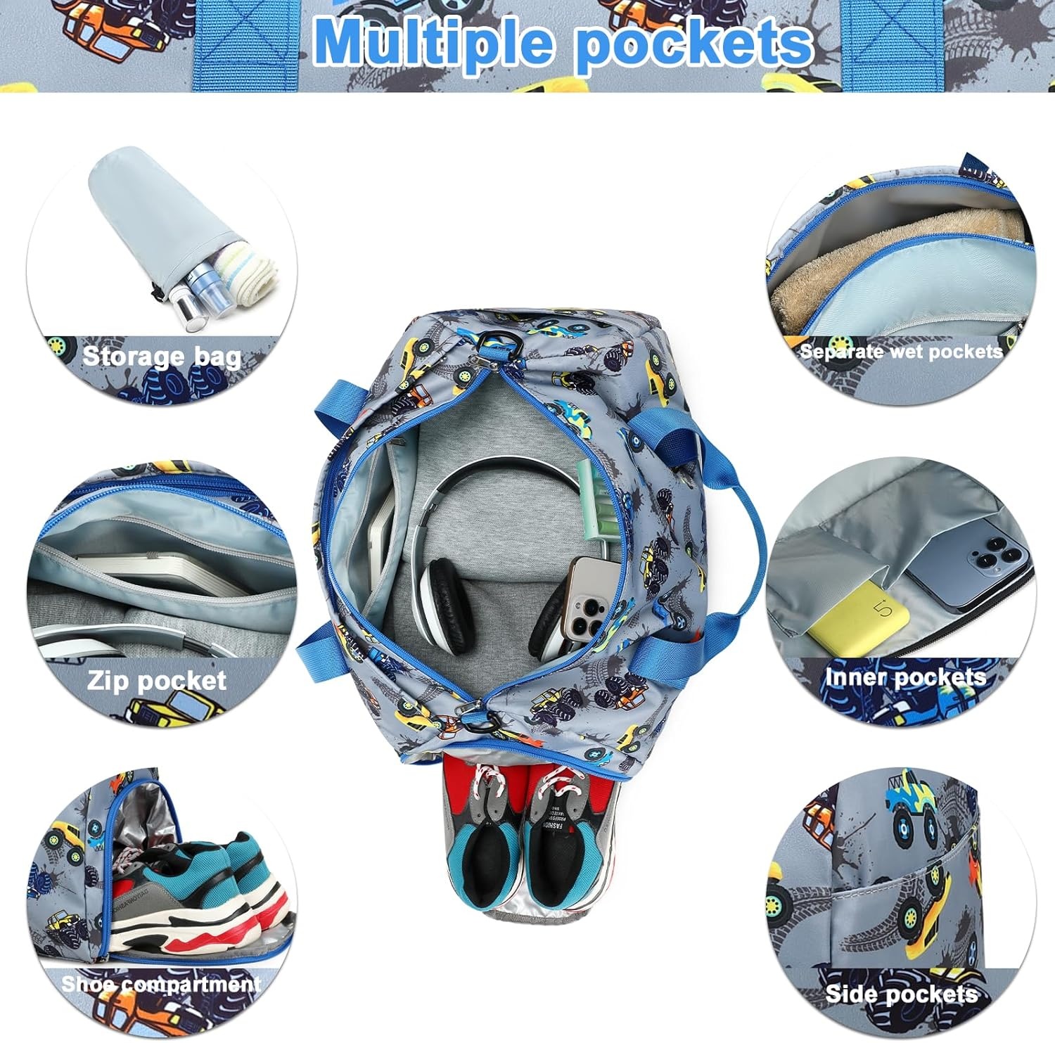 image:imageDuffle Bag for Girls Kids Overnight Bags Cute Strawberry Cherry Dance Sports Bag Travel Tote with Shoe Compartment and Wet PocketTruckBlue