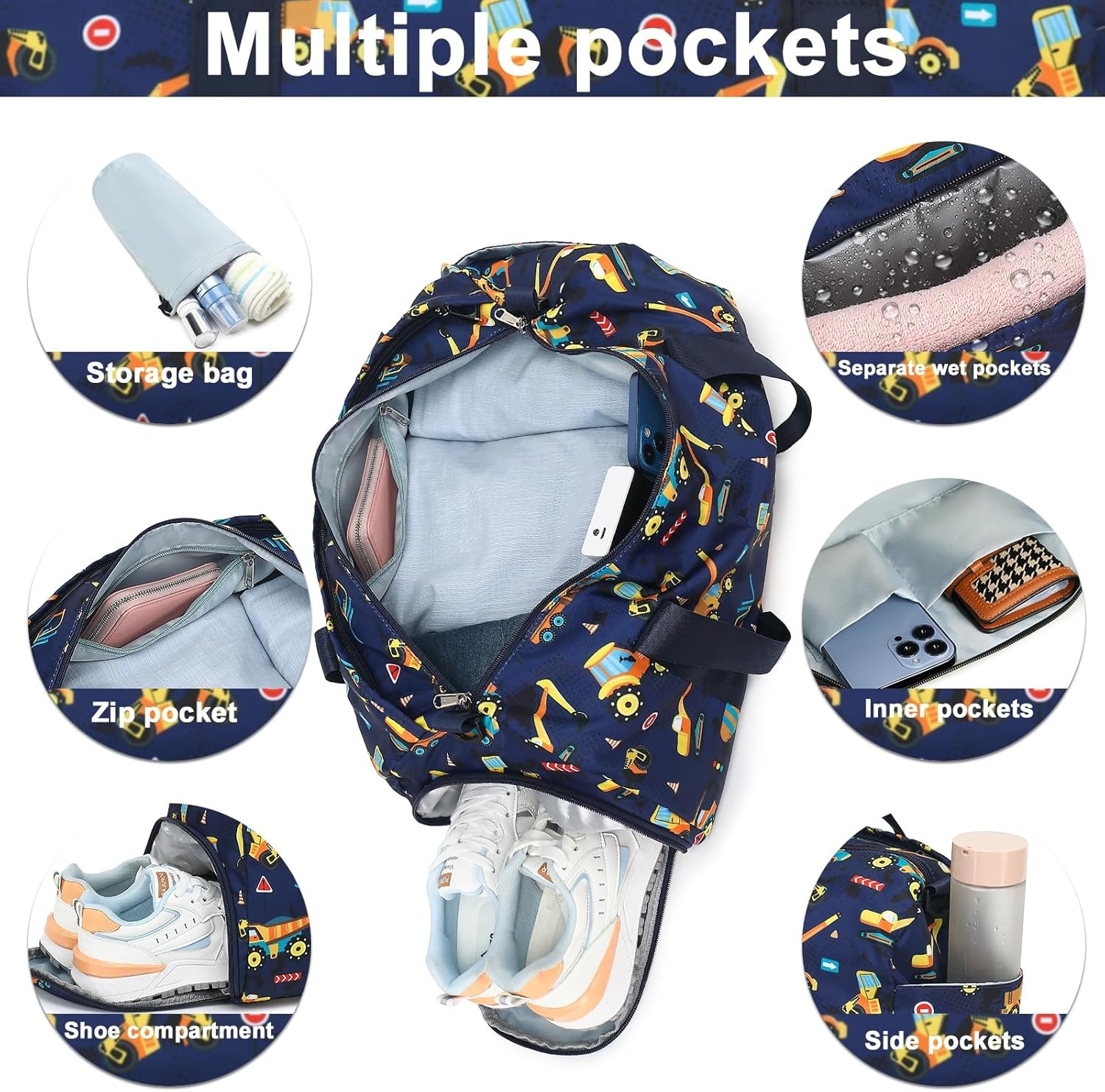 image:imageDuffle Bag for Girls Kids Overnight Bags Cute Strawberry Cherry Dance Sports Bag Travel Tote with Shoe Compartment and Wet PocketTruckNavy blue