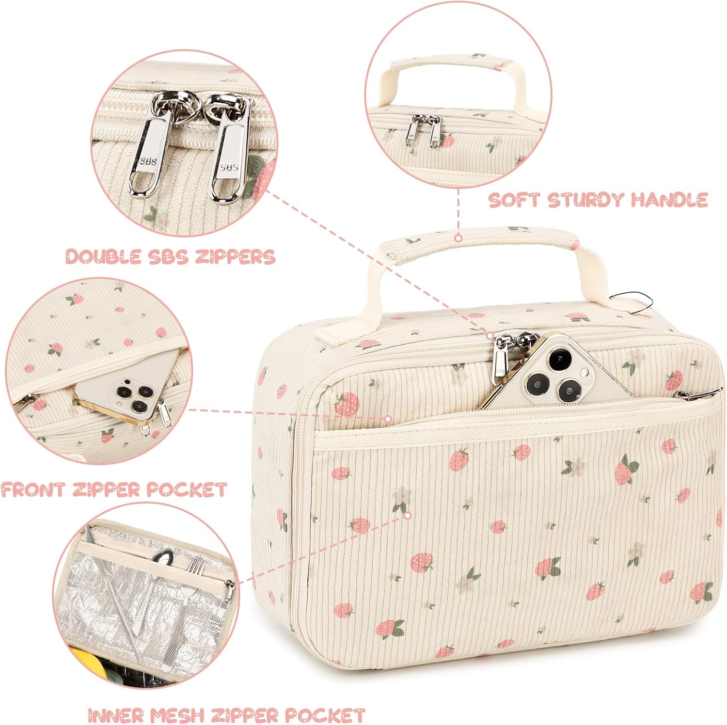 image:imageLunch Bags for Kids Girls Insulated Lunch Boxes Corduroy Cooler Toddler Lunch Tote Bag Thermo Picnic Bag for School ChildrenCorduroyBeige Strawberry