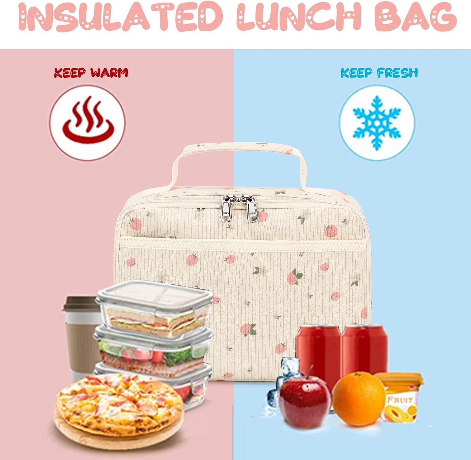 image:imageLunch Bags for Kids Girls Insulated Lunch Boxes Corduroy Cooler Toddler Lunch Tote Bag Thermo Picnic Bag for School ChildrenCorduroyBeige Strawberry