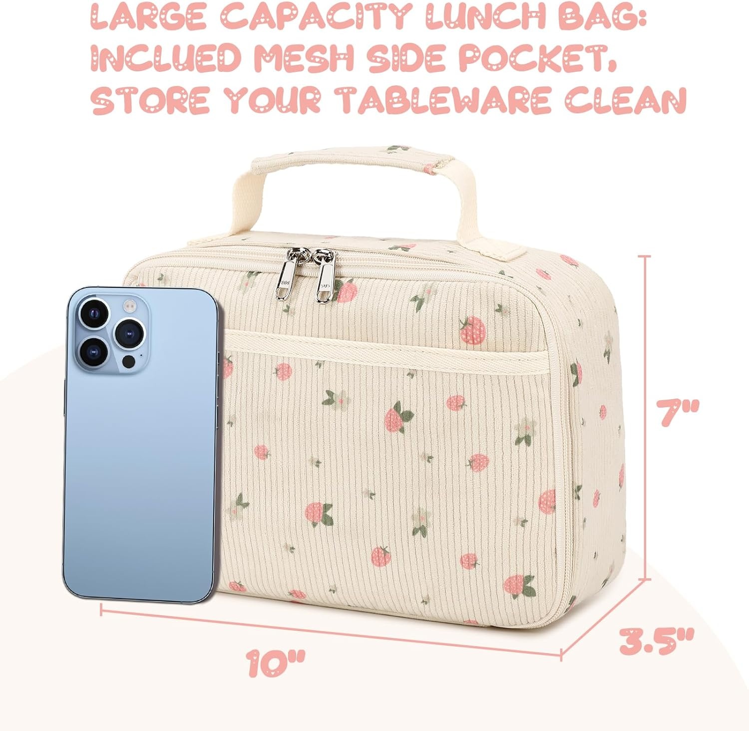 image:imageLunch Bags for Kids Girls Insulated Lunch Boxes Corduroy Cooler Toddler Lunch Tote Bag Thermo Picnic Bag for School ChildrenCorduroyBeige Strawberry