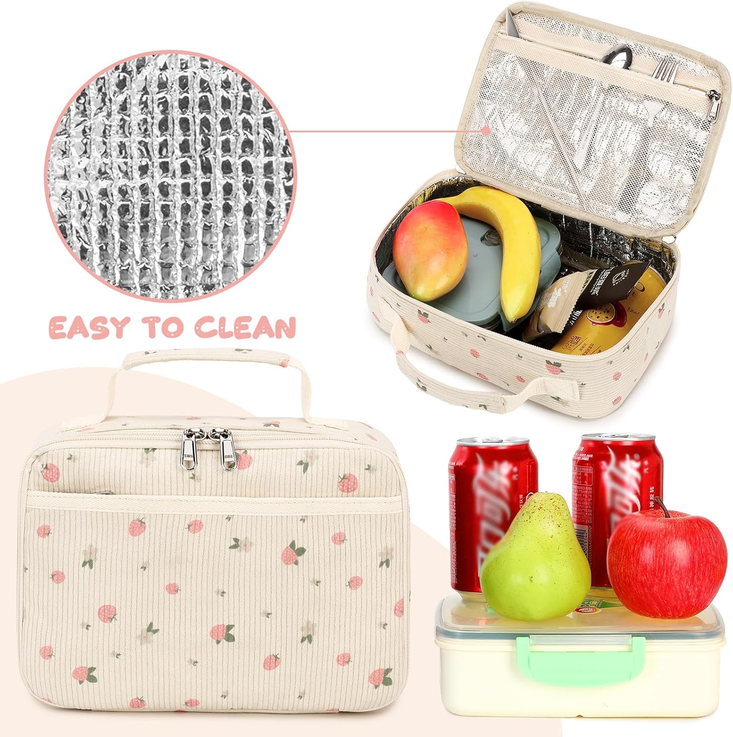 image:imageLunch Bags for Kids Girls Insulated Lunch Boxes Corduroy Cooler Toddler Lunch Tote Bag Thermo Picnic Bag for School ChildrenCorduroyBeige Strawberry