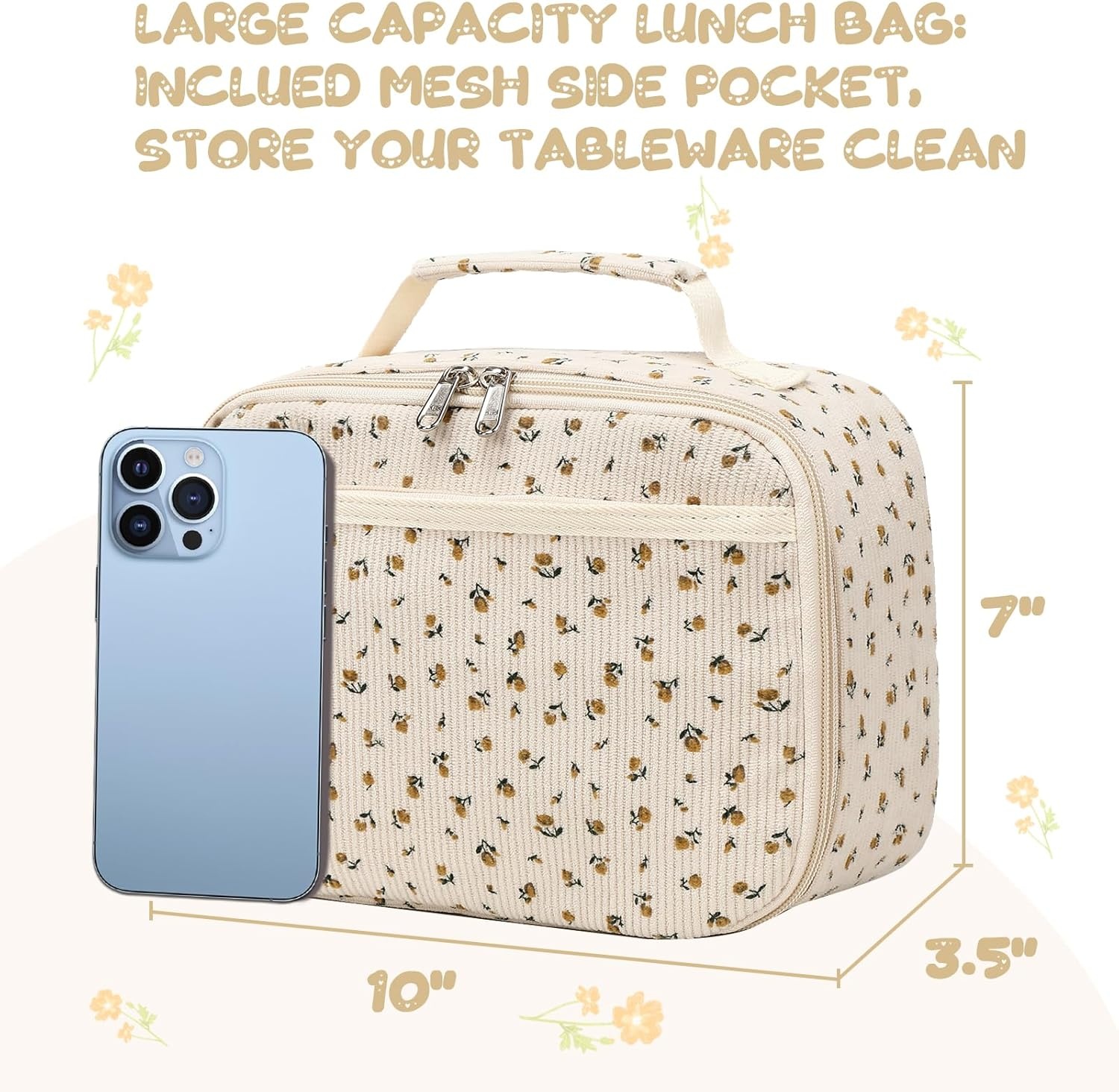 image:imageLunch Bags for Kids Girls Insulated Lunch Boxes Corduroy Cooler Toddler Lunch Tote Bag Thermo Picnic Bag for School ChildrenCorduroyBeige floral