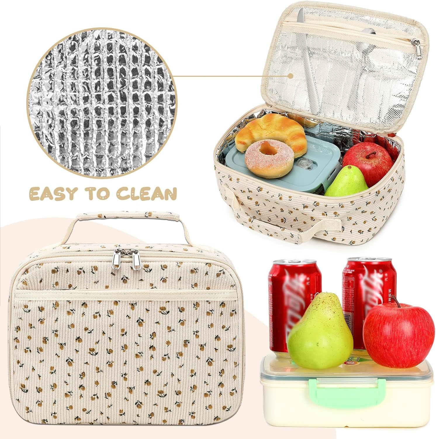 image:imageLunch Bags for Kids Girls Insulated Lunch Boxes Corduroy Cooler Toddler Lunch Tote Bag Thermo Picnic Bag for School ChildrenCorduroyBeige floral