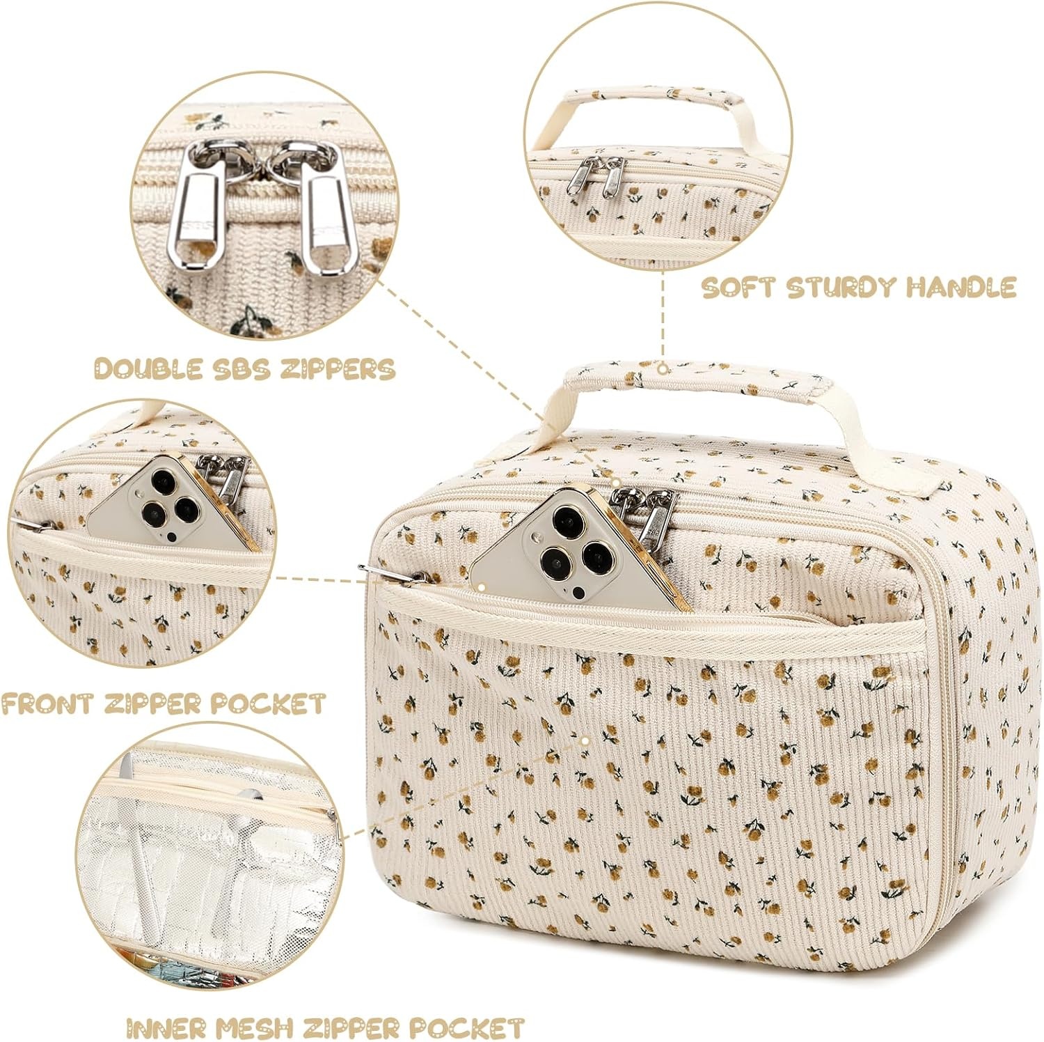 image:imageLunch Bags for Kids Girls Insulated Lunch Boxes Corduroy Cooler Toddler Lunch Tote Bag Thermo Picnic Bag for School ChildrenCorduroyBeige floral