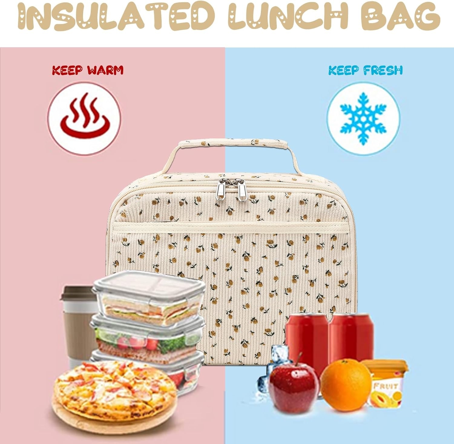image:imageLunch Bags for Kids Girls Insulated Lunch Boxes Corduroy Cooler Toddler Lunch Tote Bag Thermo Picnic Bag for School ChildrenCorduroyBeige floral