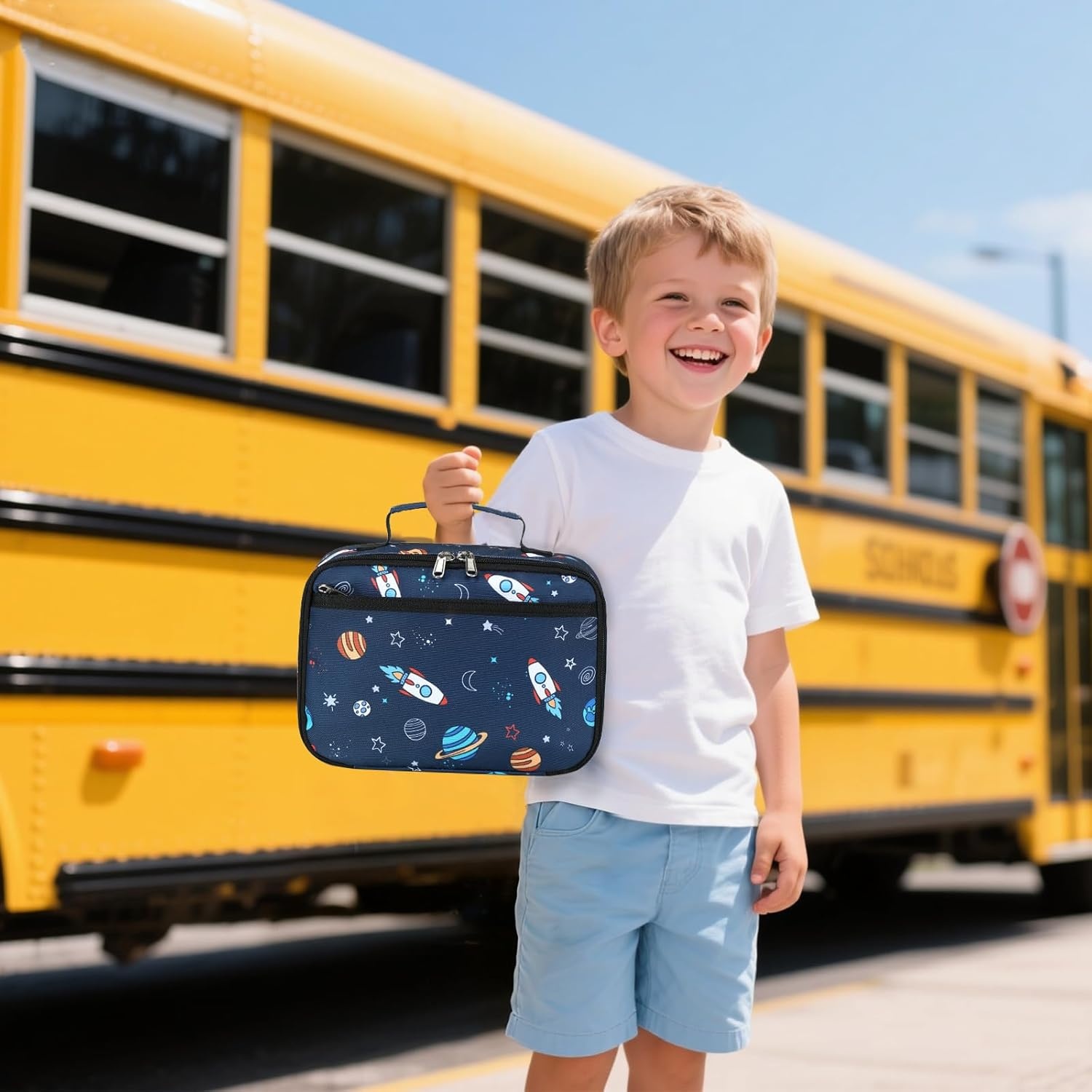 image:imageLunch Bags for Kids Girls Insulated Lunch Boxes Corduroy Cooler Toddler Lunch Tote Bag Thermo Picnic Bag for School ChildrenSpaceshipNavy Blue