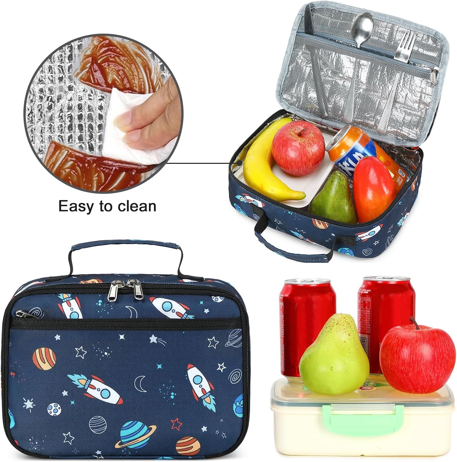 image:imageLunch Bags for Kids Girls Insulated Lunch Boxes Corduroy Cooler Toddler Lunch Tote Bag Thermo Picnic Bag for School ChildrenSpaceshipNavy Blue