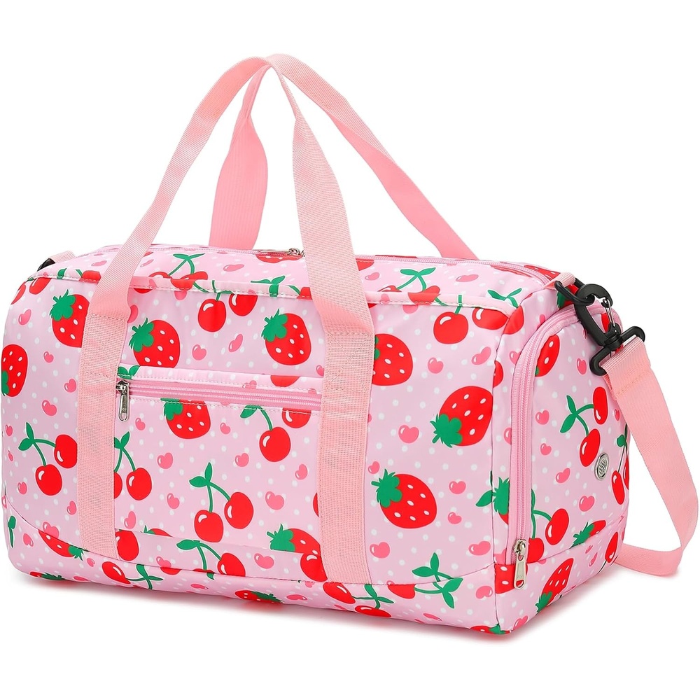 image:imageBTOOP Duffle Bag for Girls Kids Gym Sports Women Workout Travel Bag Weekender with Shoe Compartment and Wet Pocket BlueStrawberry CherryPink