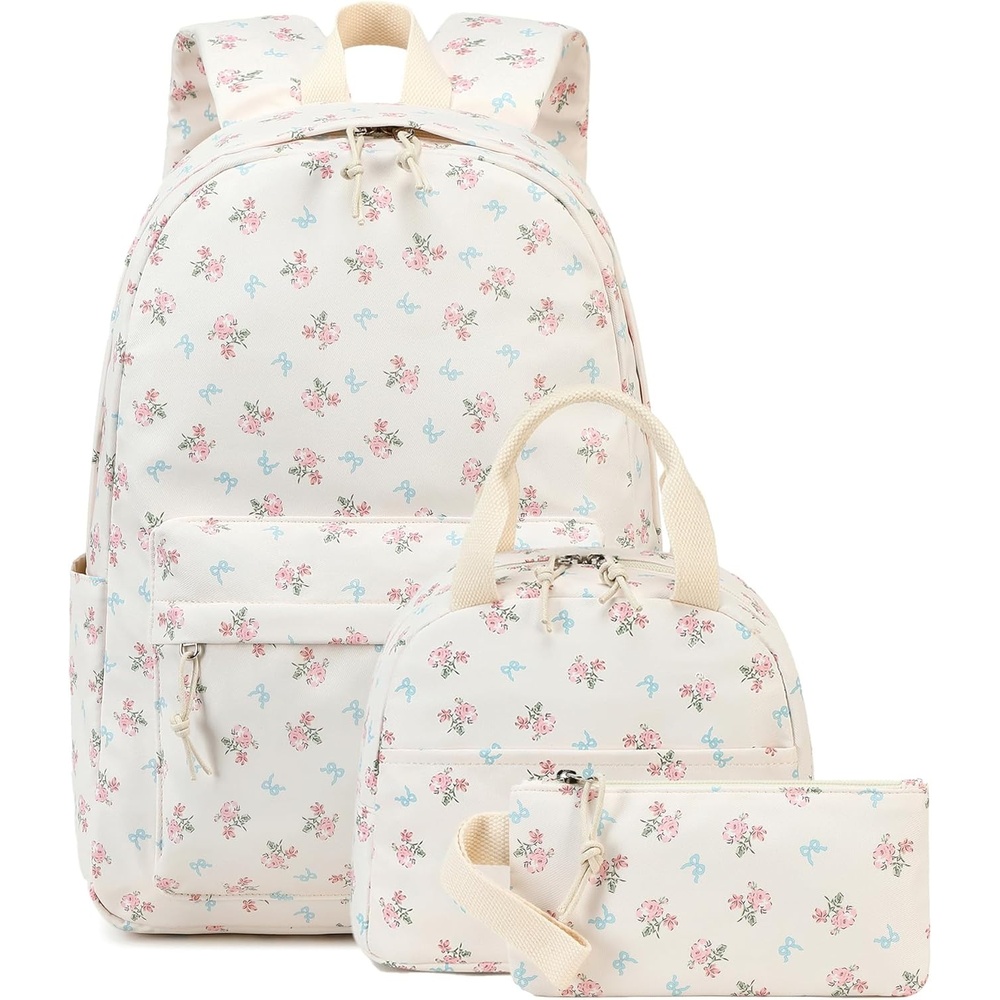image:imageBTOOP School Backpack for Girls Kids Teens Cute School Bookbag Set with Insulated Lunch Box Pencil CaseBlue Bowpink Flower