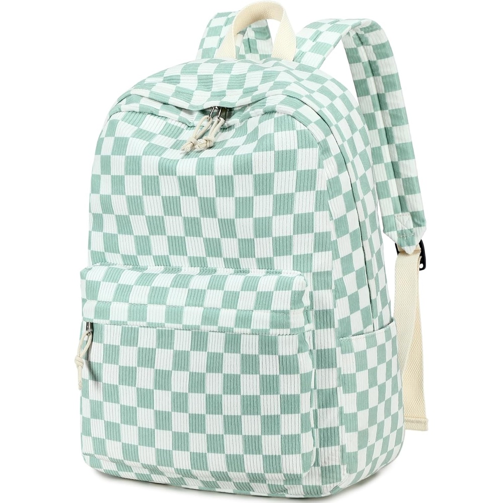 image:imageBTOOP School Backpack for Teens Large Corduroy Bookbag Lightweight 156 inch Laptop Bag for Girls Women Casual High School CollegeGreenwhite Checkered
