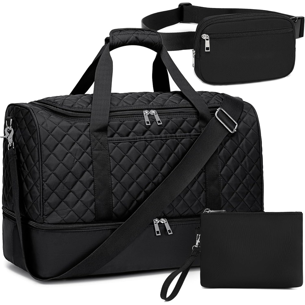 image:imageBTOOP Travel Weekender Bag Duffle Carry On Bags Set 42L Duffel Overnight Tote with Shoe Compartment 3Pcs for Women Men Gym Airplane Trip with Fanny Pack amp Makeup BagBlack Quilted