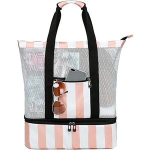 image:imageBTOOP Beach Tote Bag with Detachable Cooler Large Mesh Beach Bag for Women Travel Pool Bag with Insulated Picnic Cooler Pink Stripe