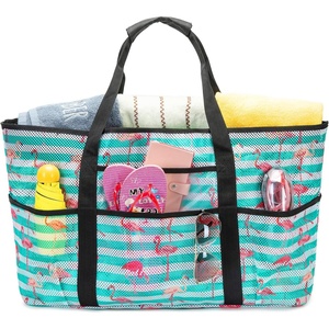 image:imageBTOOP Mesh Large Beach Tote Bag Extra Large Beach Bag For Women Travel Oversized Pool Bag for beach toys Stripe  Flamingo