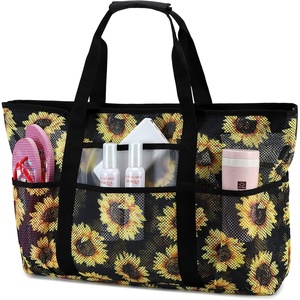 image:imageBTOOP Mesh Large Beach Tote Bag for Women with Zipper and Multiple Pockets Toys Tote Tag for Family Travel Oversized Pool Bag Black Sunflower Mesh