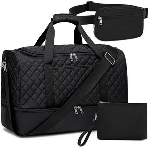 image:imageBTOOP Travel Weekender Bag Duffle Carry On Bags Set 42L Duffel Overnight Tote with Shoe Compartment 3Pcs for Women Men Gym Airplane Trip with Fanny Pack amp Makeup BagBlack Quilted