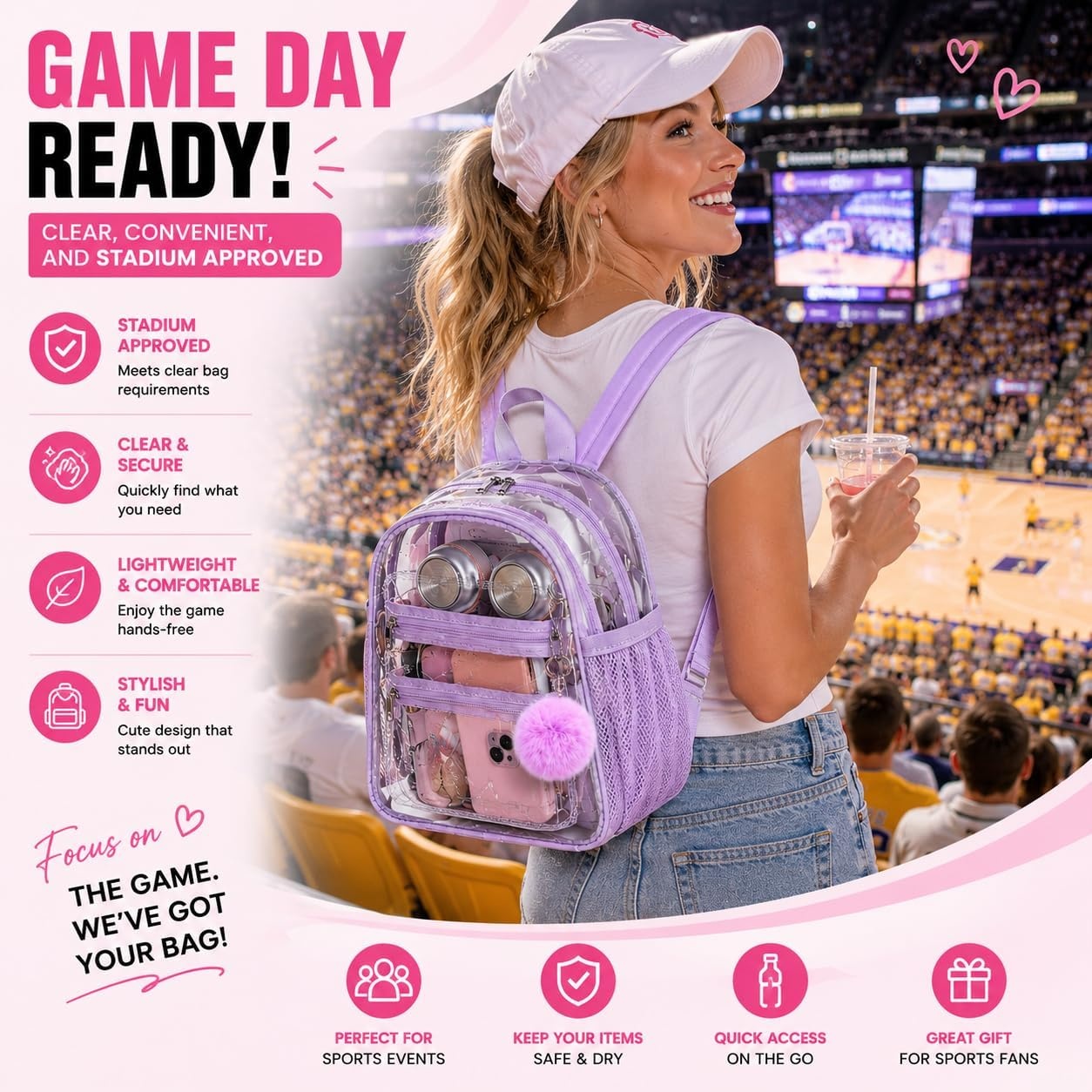 image:imageBTOOP Clear Mini Backpack for Stadium Events 12x12x6 Small Transparent Backpacks Plastic See Through Clear Bag for Concerts Work Festival Security TravelPurple With Pompom Keychain
